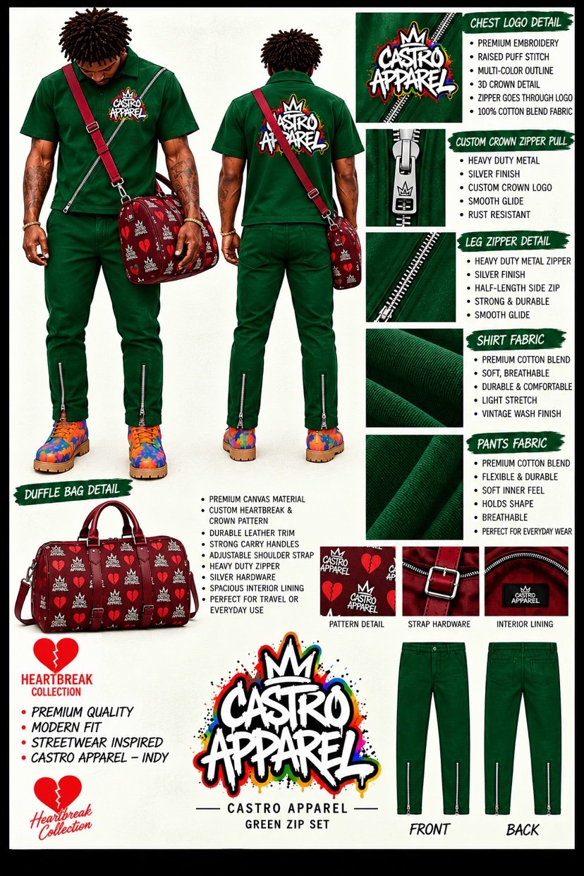 Green Hartbreak Collection zip set design sheet: front and back views, chest logo and zipper close-ups, and burgundy Hartbreak and crown duffle bag