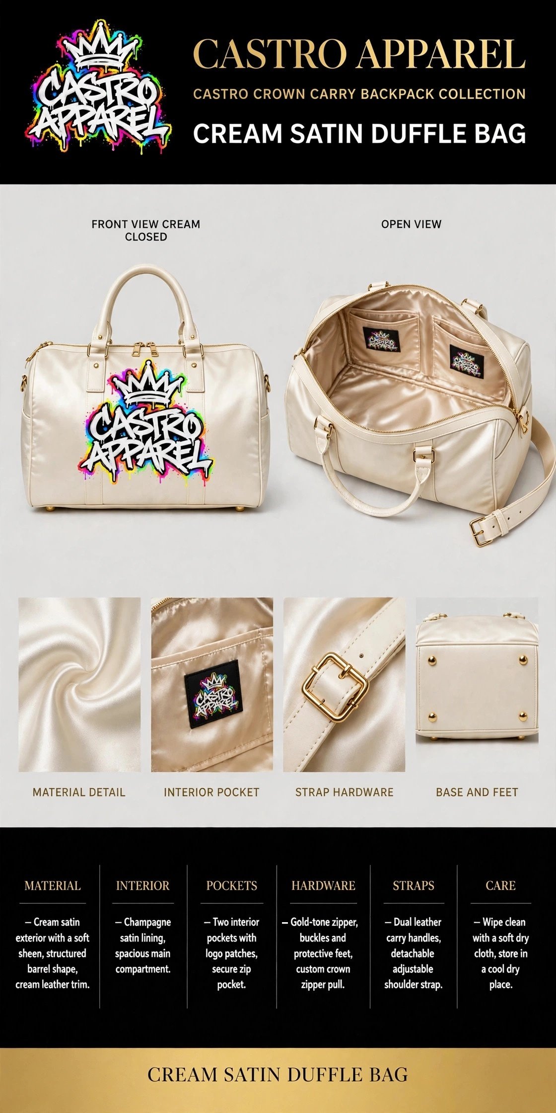 Cream Satin Castro Crown Carry duffle bag design sheet: closed front view in cream satin with the rainbow Castro Apparel logo and cream leather trim, open view showing the champagne satin lining and two logo-patch interior pockets, plus material, interior pocket, strap hardware and base detail panels and the full spec columns