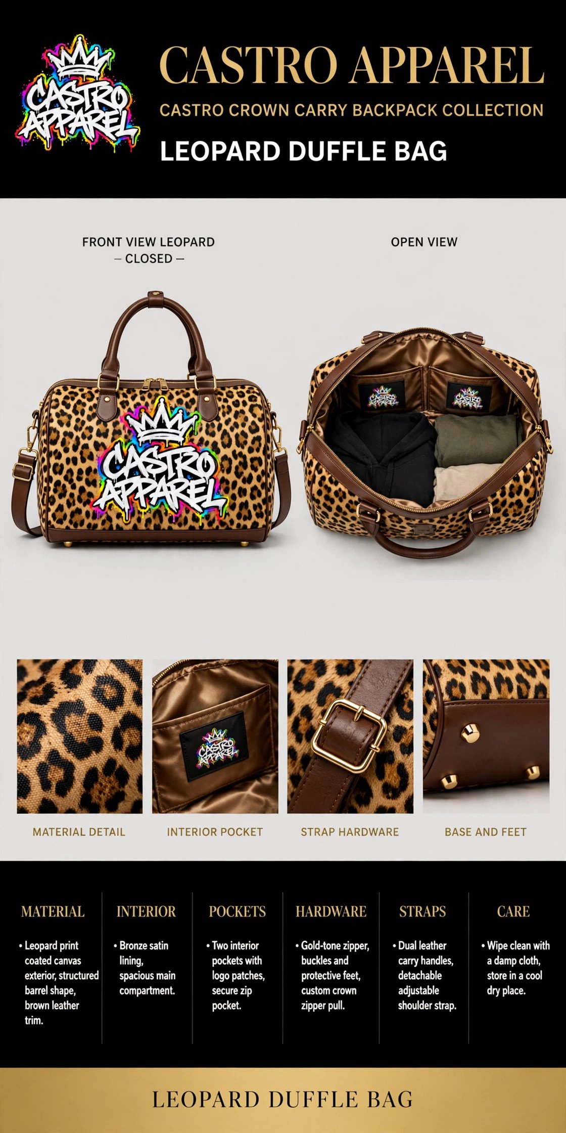 Leopard Castro Crown Carry duffle bag design sheet: closed front view in leopard print with the rainbow Castro Apparel logo and brown leather trim, open view packed with folded clothes showing the bronze satin lining and two logo-patch interior pockets, plus material, interior pocket, strap hardware and base detail panels and the full spec columns