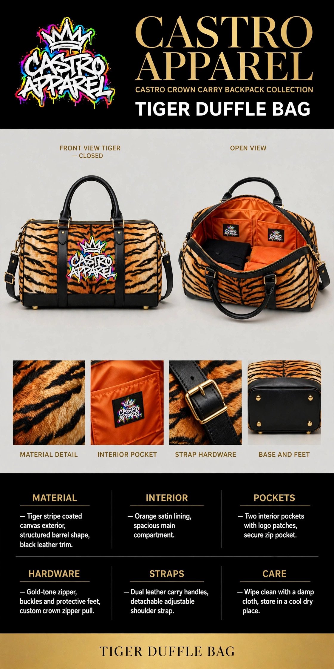 Tiger Castro Crown Carry duffle bag design sheet: closed front view in tiger stripe with the rainbow Castro Apparel logo and black leather trim, open view showing the orange satin lining and two logo-patch interior pockets, plus material, interior pocket, strap hardware and base detail panels and the full spec columns