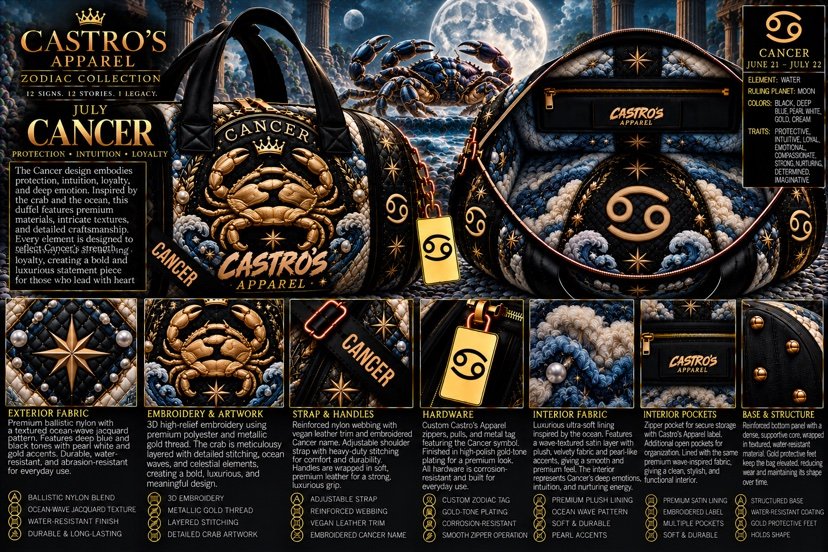 Cancer zodiac duffle sheet: the crab embroidered in gold thread over deep blue ocean waves with pearl accents under a full moon, gold Cancer symbol tag, and detail panels for fabric, embroidery, strap, hardware, interior fabric and pockets