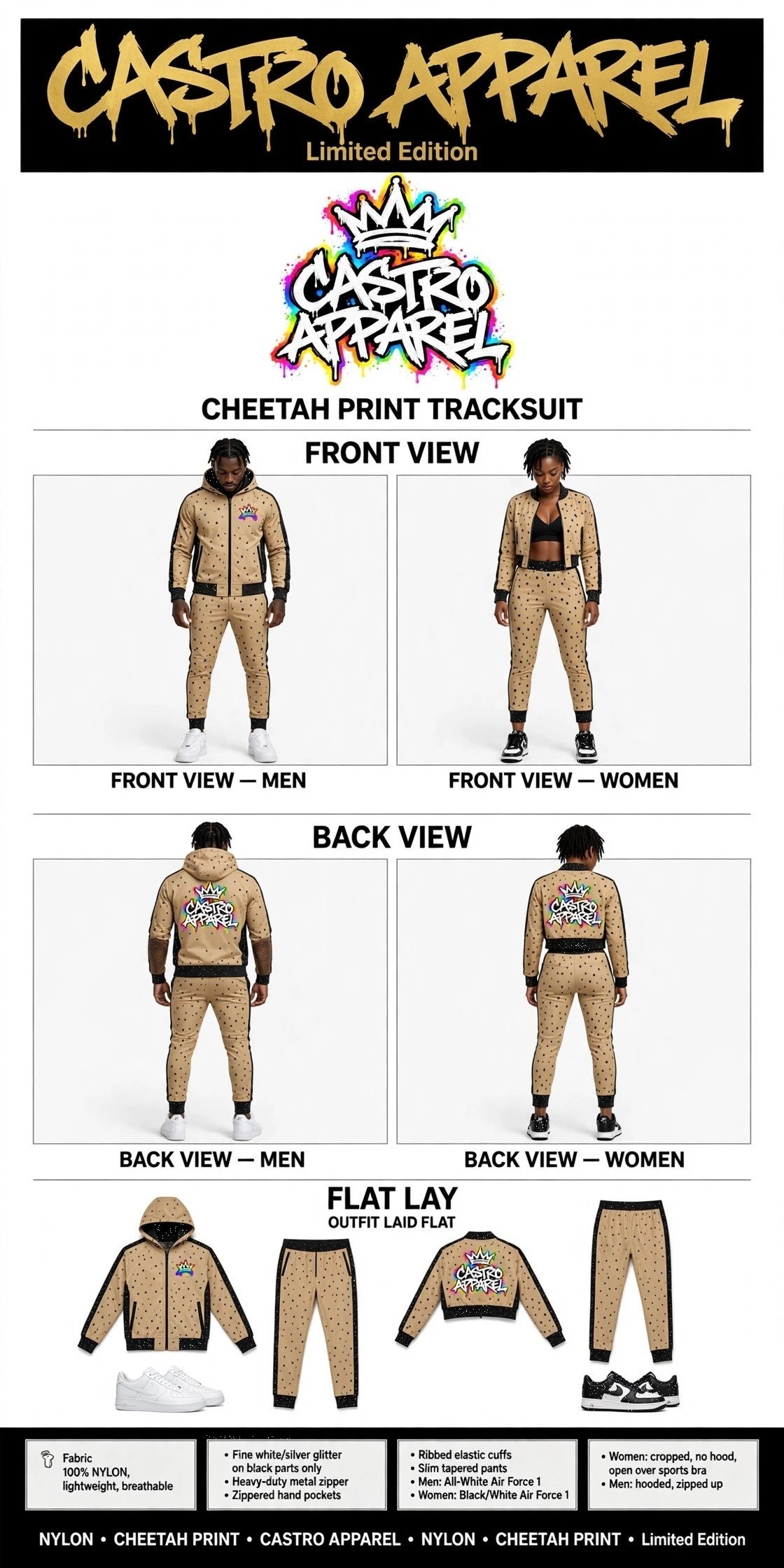 Cheetah-print Limited Edition tracksuit sheet: man and woman side by side in cheetah-print tracksuits with small solid spots, gold header, woman in a crop-top jacket, outfit laid flat beside them