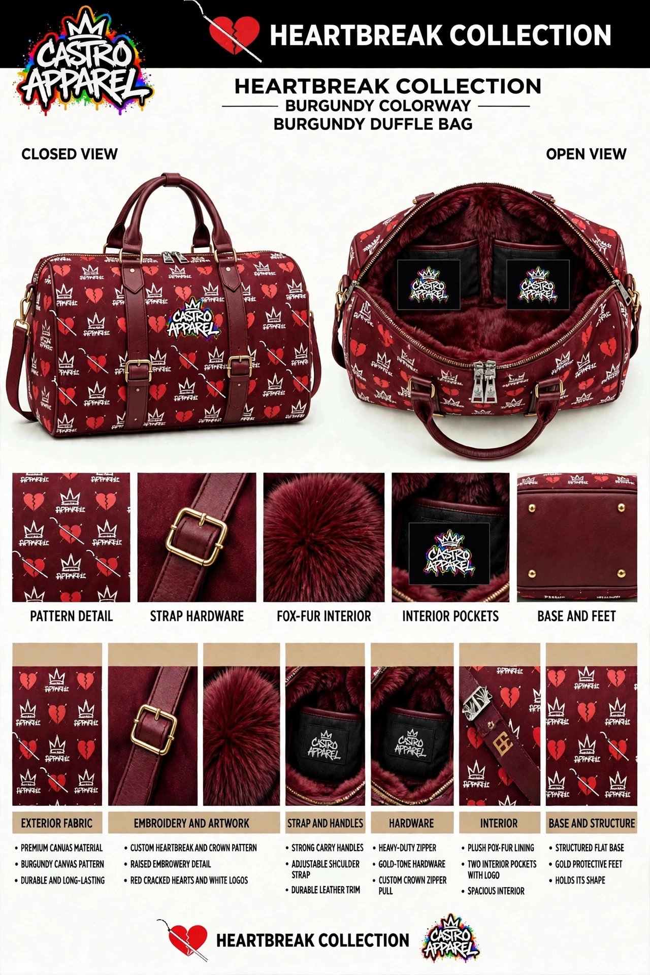 Burgundy Hartbreak duffle bag sheet labelled Burgundy Colorway: burgundy canvas duffle with red cracked Hartbreak emblems and white crowns and a straight rainbow Castro Apparel logo centered in the clean middle panel, closed and open views showing plush fox-fur lining and two interior pockets, gold-tone hardware