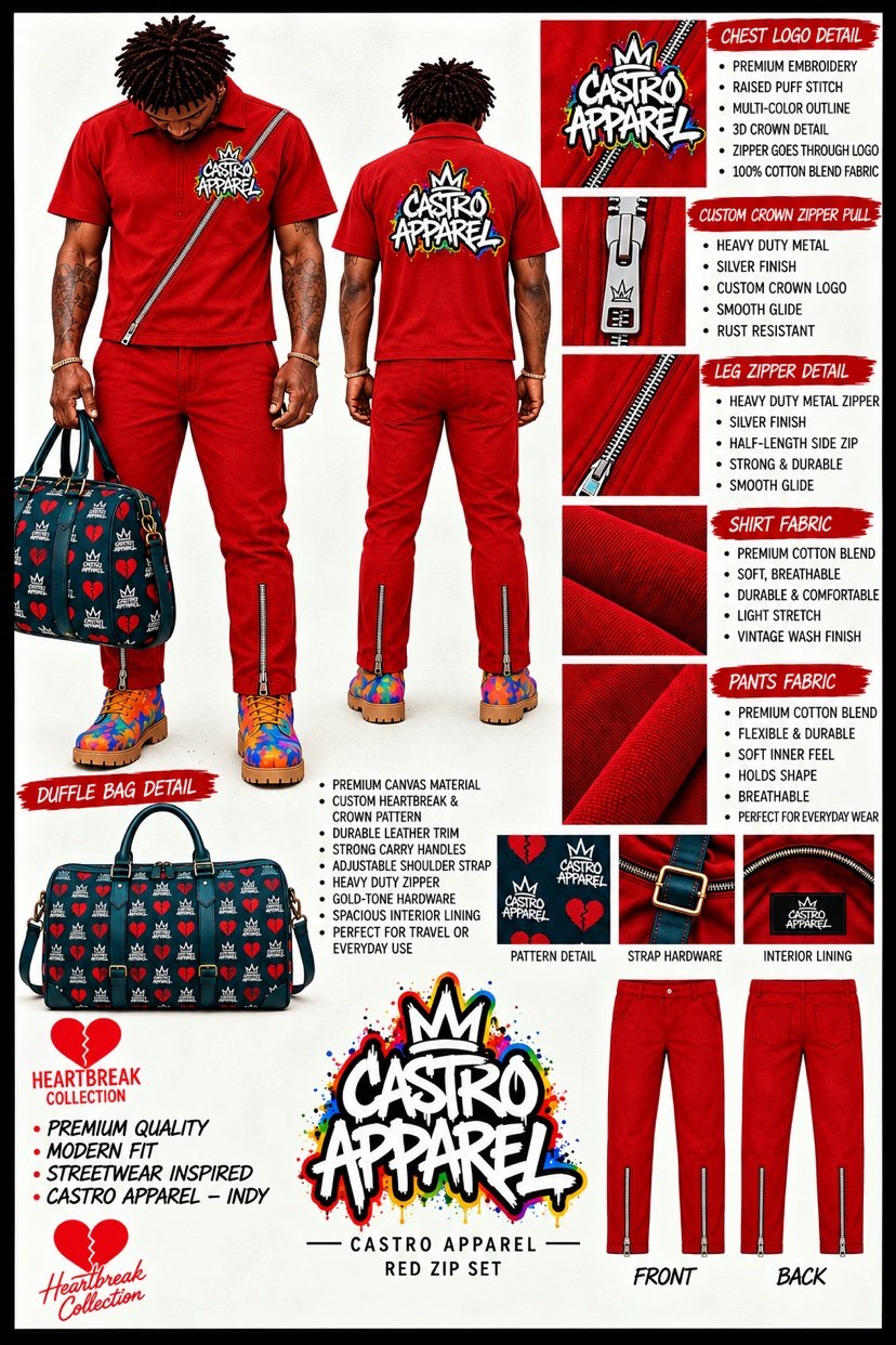 Red Hartbreak Collection zip set design sheet: front and back views, chest logo and zipper close-ups, and dark teal Hartbreak and crown duffle bag
