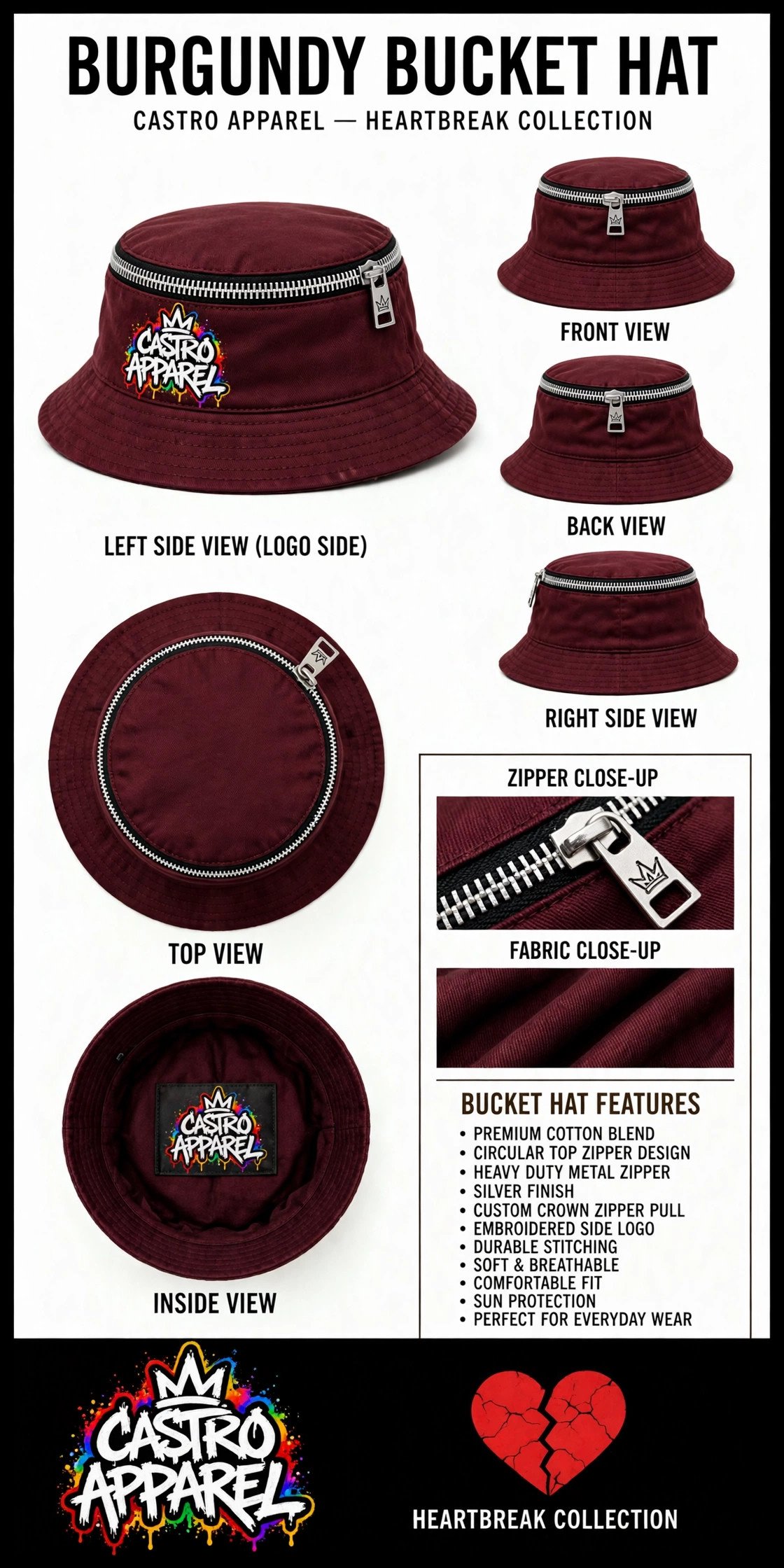 Burgundy bucket hat shown alone with front, back, side, top and inside views, fabric swatches and a features panel explaining the fabric