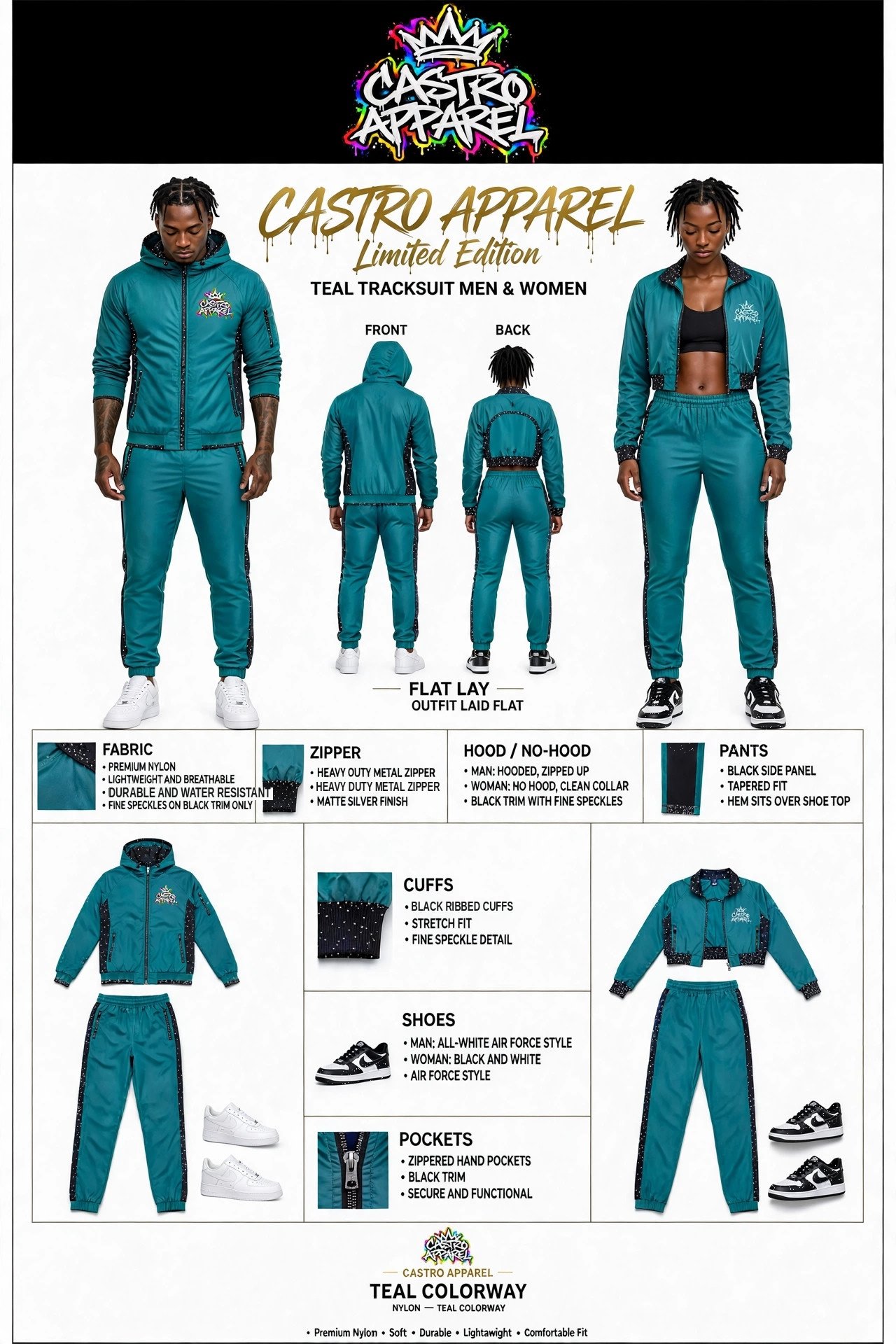 Teal Limited Edition tracksuit sheet: man and woman side by side in teal tracksuits, gold header, woman in a crop-top jacket open over a sports bra, matching outfit laid flat beside them