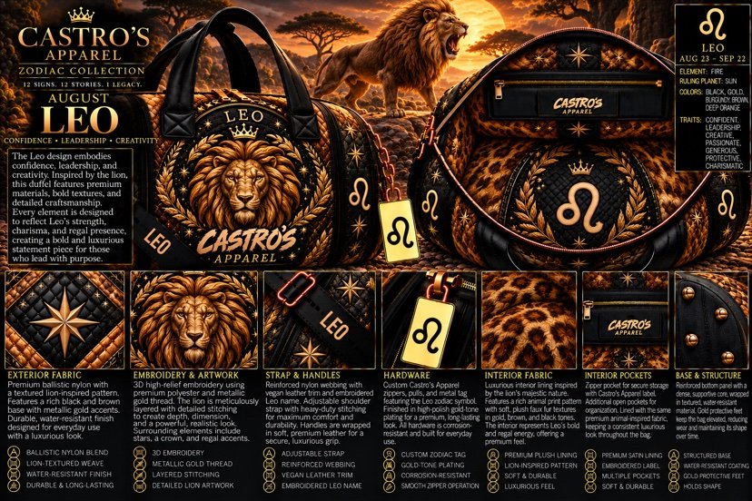 Leo zodiac duffle sheet: the lion embroidered in metallic gold thread on black diamond-quilted nylon with leopard-print panels, savanna sunset scene, gold Leo symbol tag, and detail panels for fabric, embroidery, strap, hardware, interior fabric and pockets