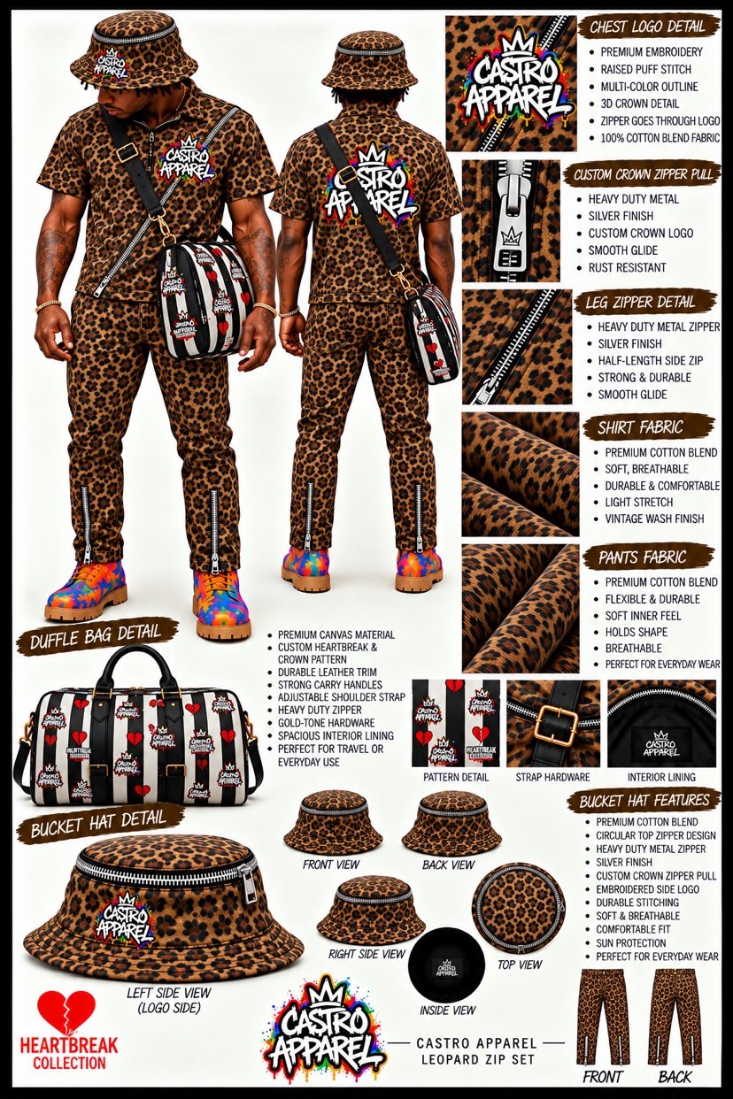 Leopard Hartbreak Collection zip set design sheet: front and back views, chest logo and zipper close-ups, striped Hartbreak and crown duffle bag, and leopard bucket hat detail