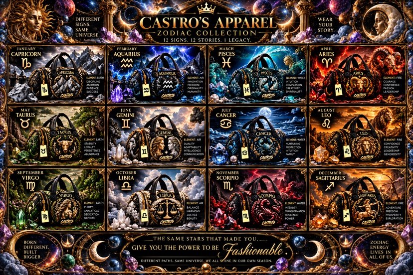 Zodiac Collection cover grid: all twelve zodiac duffle bags in a 4-by-3 grid under the gold Castro's Apparel Zodiac Collection header — Capricorn, Aquarius, Pisces, Aries, Taurus, Gemini, Cancer, Leo, Virgo, Libra, Scorpio and Sagittarius, each bag with its sign artwork, element and traits, and the footer line The Same Stars That Made You Give You The Power To Be Fashionable