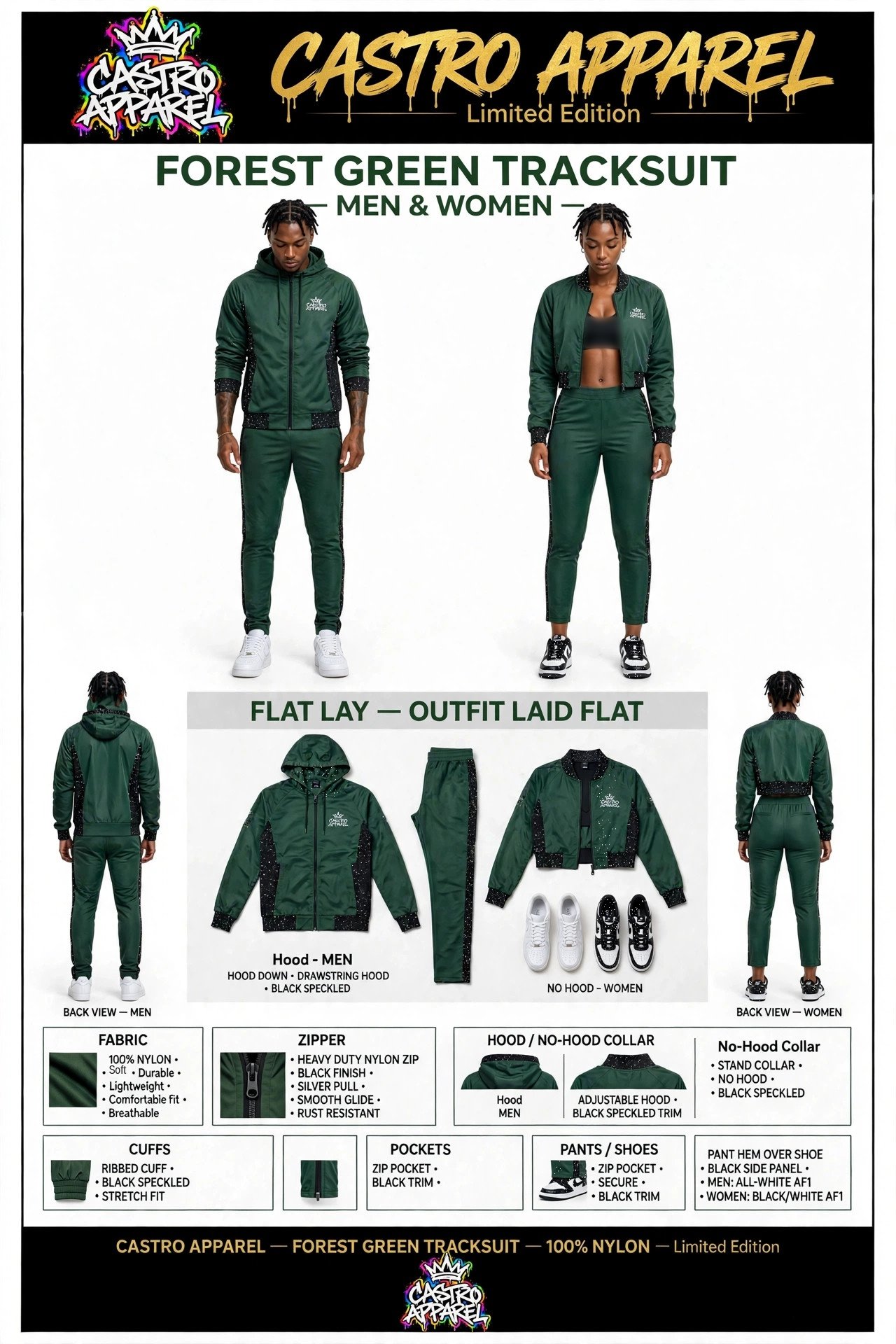 Forest green Limited Edition tracksuit sheet: man and woman side by side in forest green tracksuits, gold header, white chest logos, woman in a crop-top jacket, outfit laid flat beside them
