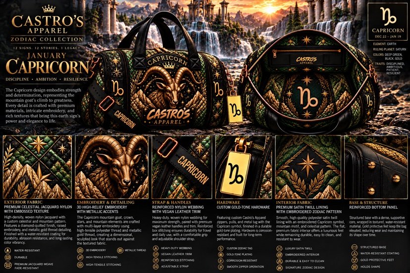 Capricorn zodiac duffle sheet: mountain goat embroidered in metallic gold thread on deep green quilted celestial nylon, waterfall mountain scene, gold Capricorn symbol tag, and panels for exterior fabric, embroidery, strap and handles, hardware, interior fabric and base