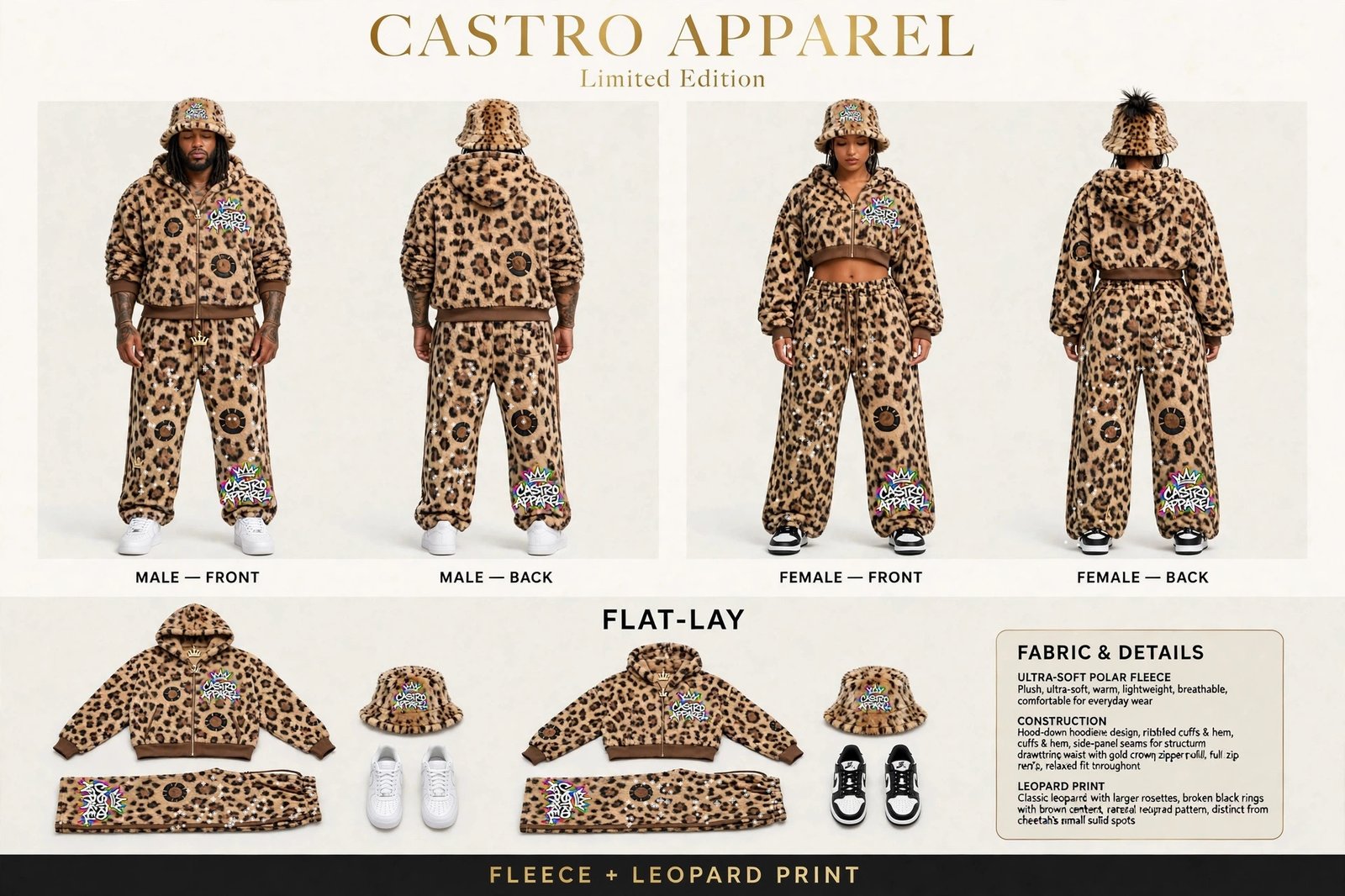 Leopard-print Soft Life fleece sheet: man and woman side by side in leopard fleece sets with larger rosettes and glitter-speckled pants, matching leopard furry bucket hats and rainbow Castro Apparel logos, male and female front and back views, flat-lay, and a fabric and details panel