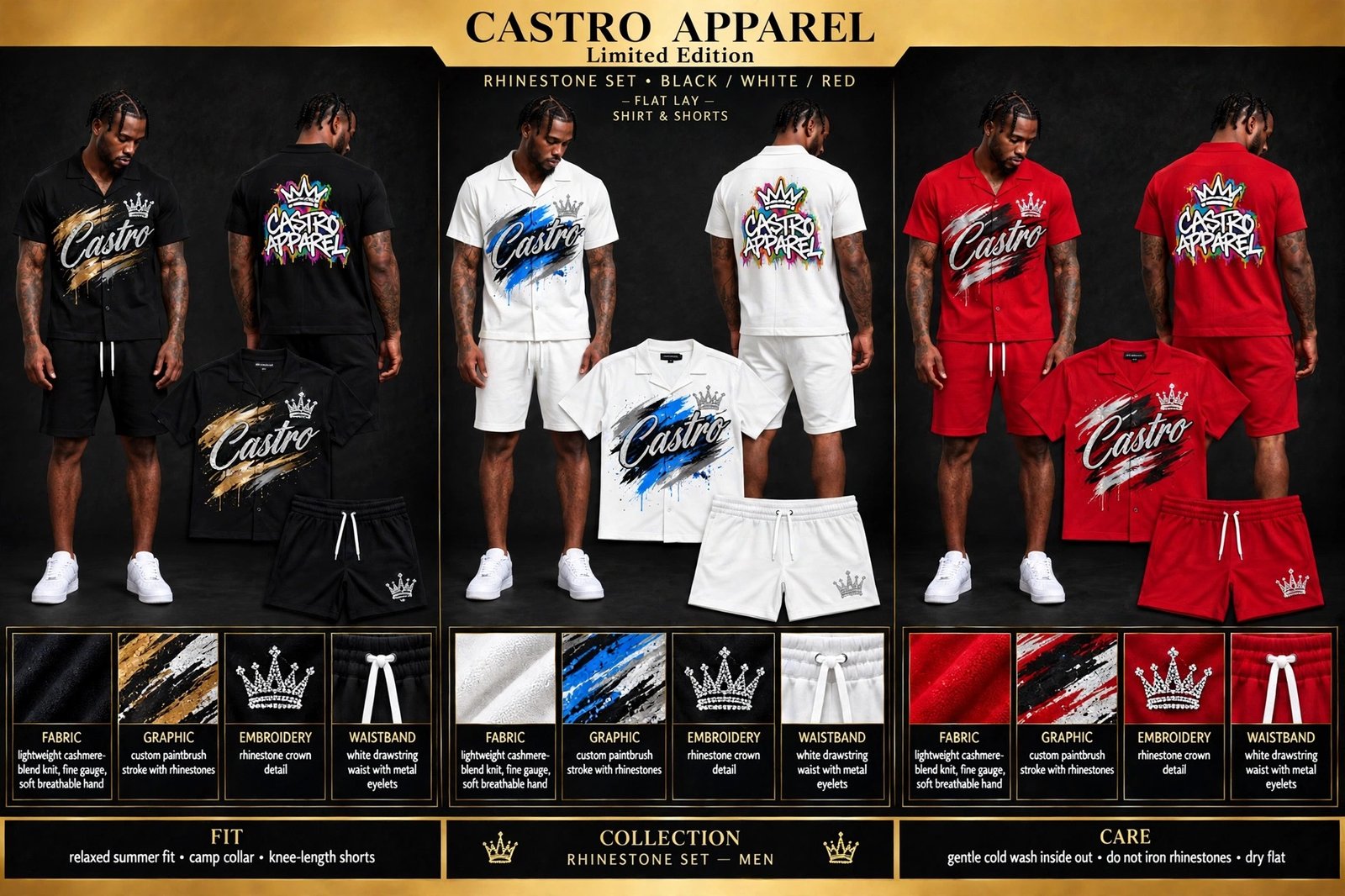 The Rhinestone Family combined sheet: Rhinestone Set shirt and shorts in black, white and red, front and back views with flat lays, paintbrush-stroke Castro graphic with rhinestones, rhinestone crown detail and white drawstrings