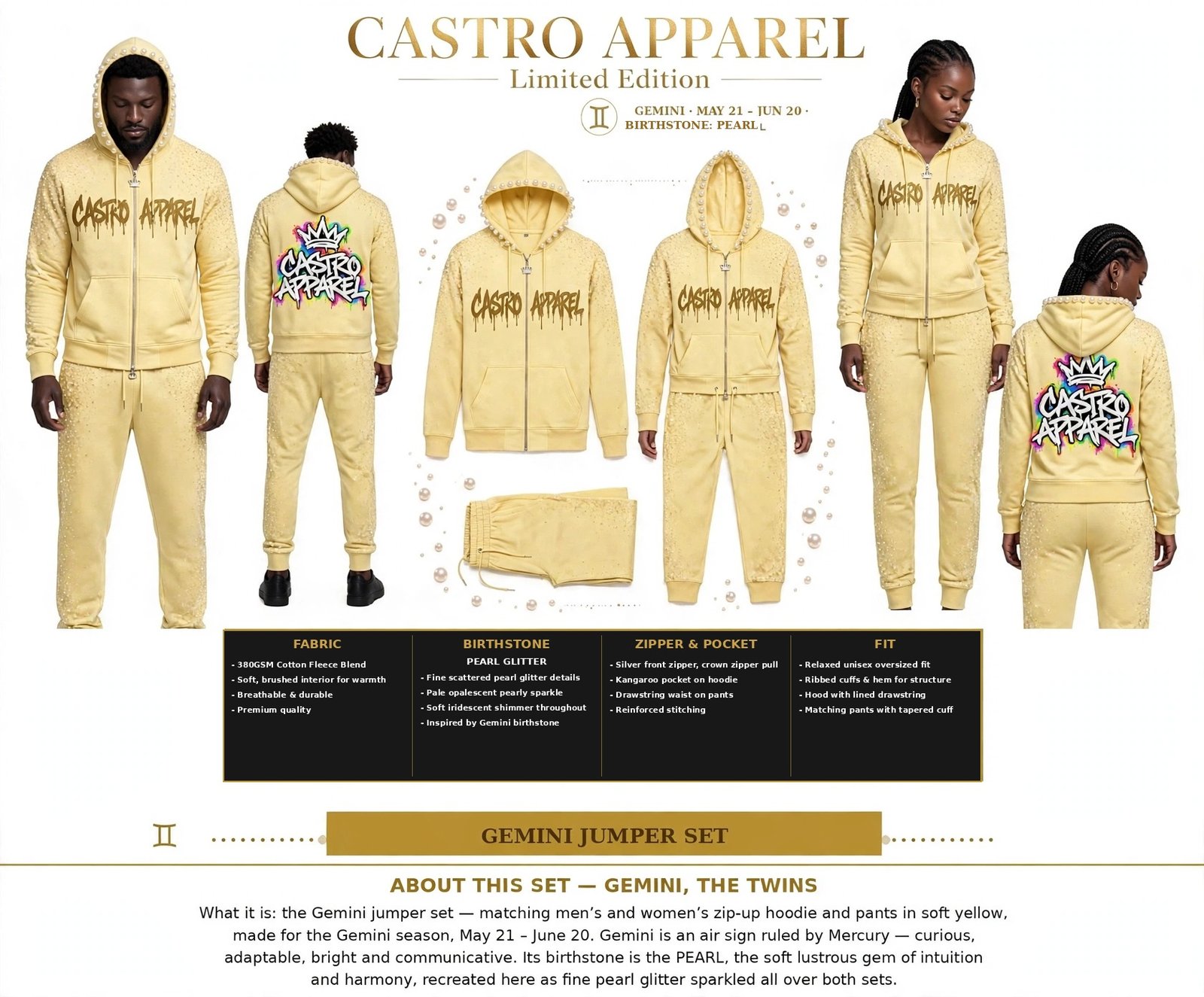 Gemini Julez Collection zodiac jumper set design sheet: man and woman in soft yellow zip-up hoodies and matching pants with pearl stones set along the edge of the hoods, front and back views, flat-lay, and panels for fabric, birthstone, zipper and pocket, and fit